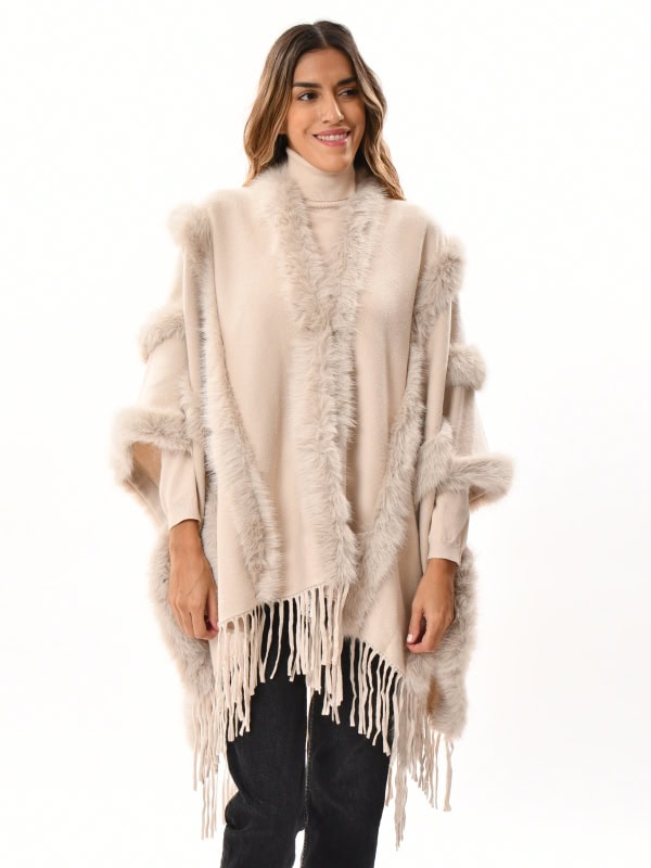 Poncho con flecos BEIGE