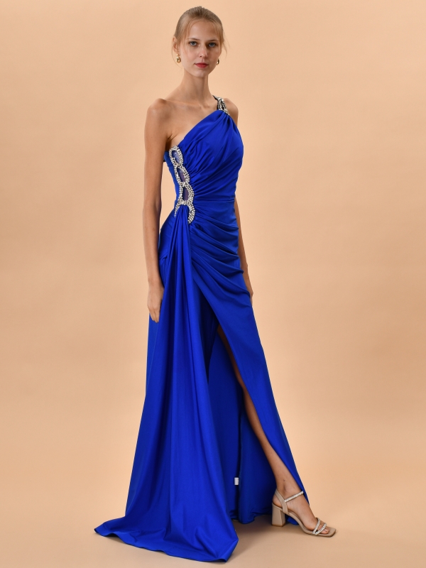 Vestido de fiesta largo asimétrico con Strass AZULON