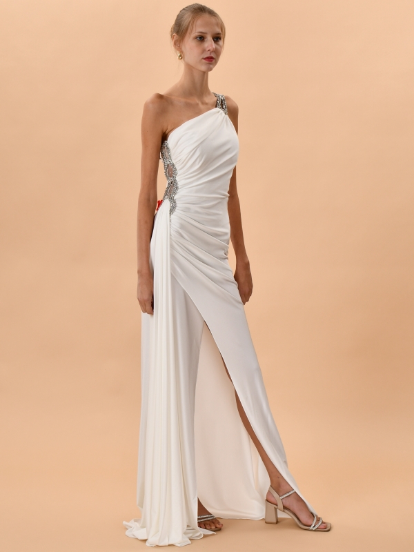 Vestido de fiesta largo asimétrico con Strass BLANCO