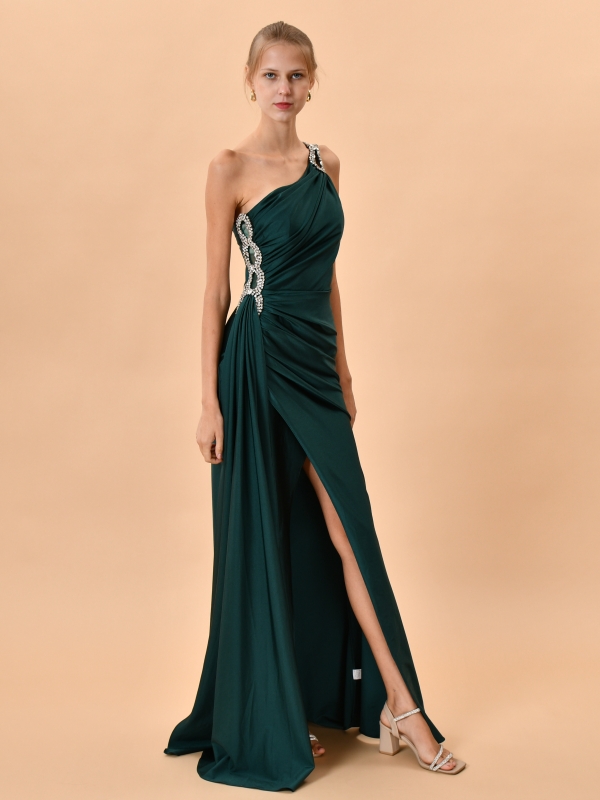 Vestido de fiesta largo asimétrico con Strass VERDE