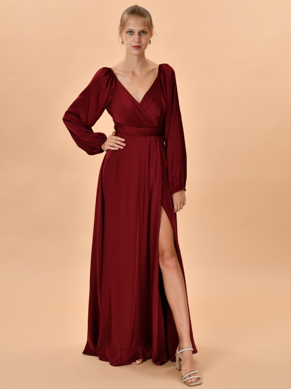 Vestido de fiesta largo mangas largas satinado ROJO VINO