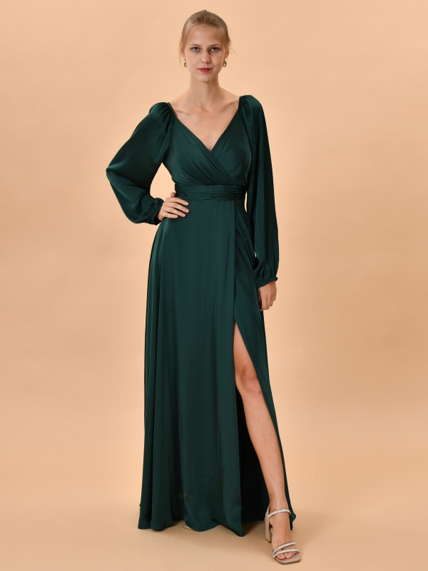 Vestido de fiesta largo mangas largas satinado VERDEÇ