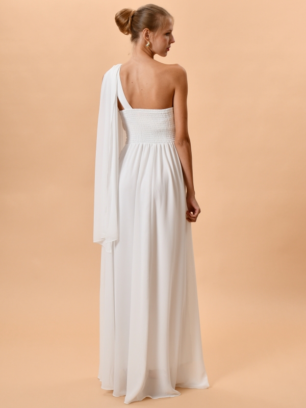 Vestido fiesta largo asimétrico estilo griego BLANCO ESPALDA