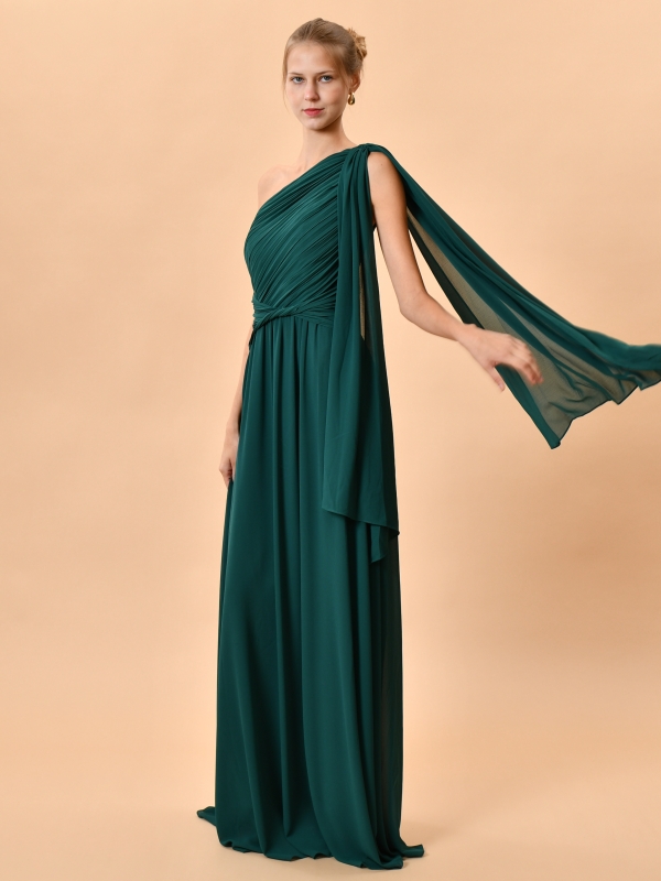 Vestido fiesta largo asimétrico estilo griego VERDE DETALLE