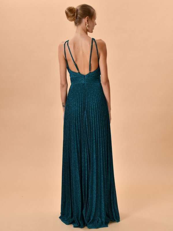 Vestido fiesta largo cuello halter plisado con brillos