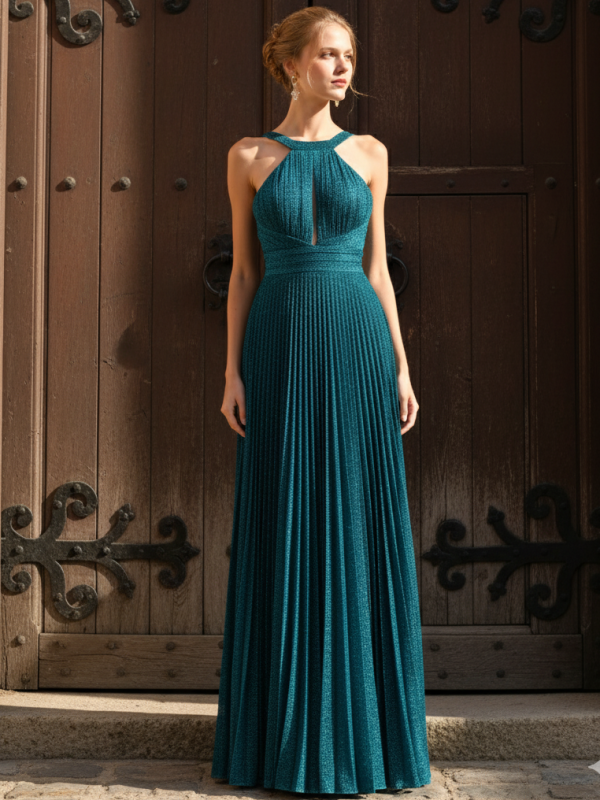 Vestido fiesta largo cuello halter plisado con brillos
