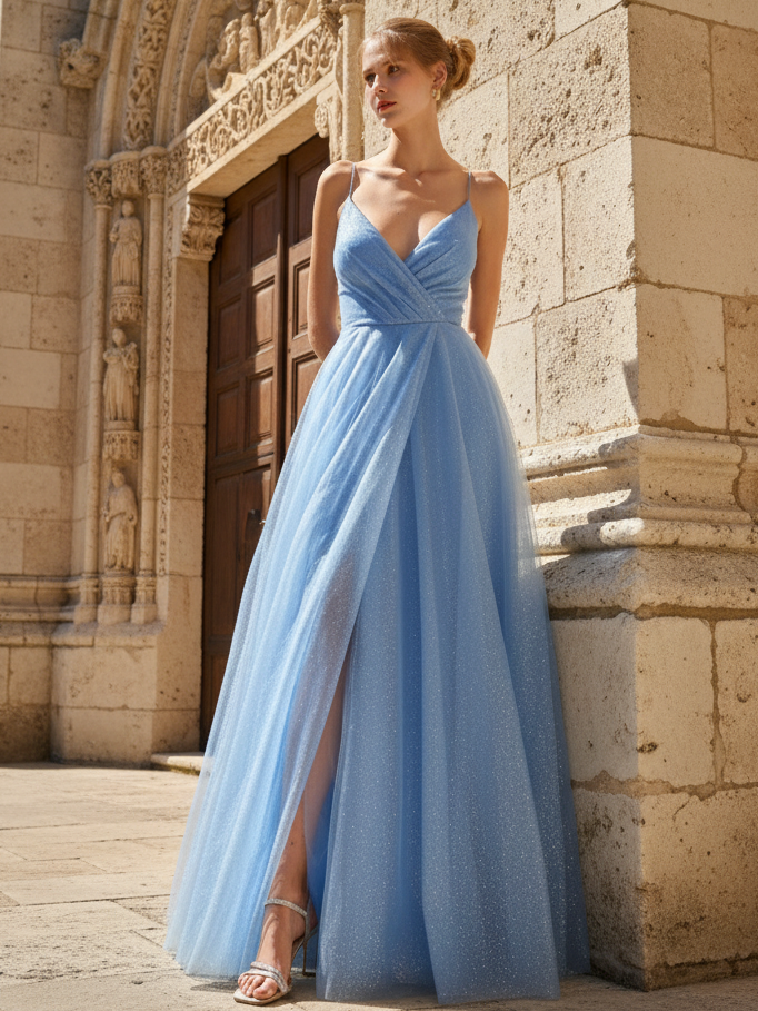 Vestido fiesta largo tul con brillos