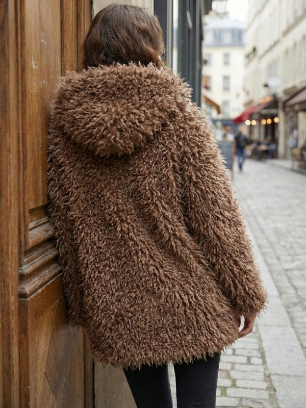 Chaqueta de piel sintética larga café espalda