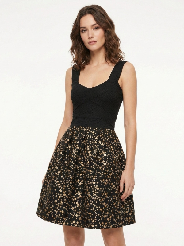 Vestido con cuerpo elastizado y falda estrellas