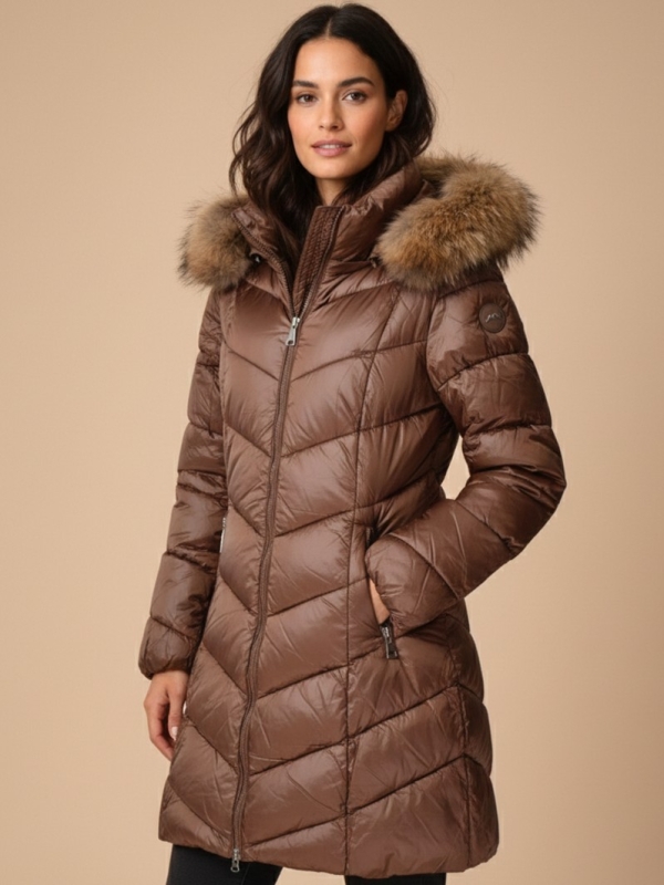 Abrigo acolchado largo con capucha pelo natural delux MARRON OSCURO