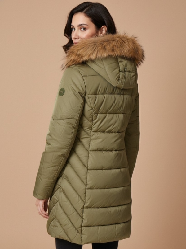 Abrigo acolchado largo con capucha pelo natural espalda