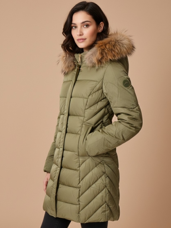 Abrigo acolchado largo con capucha pelo natural