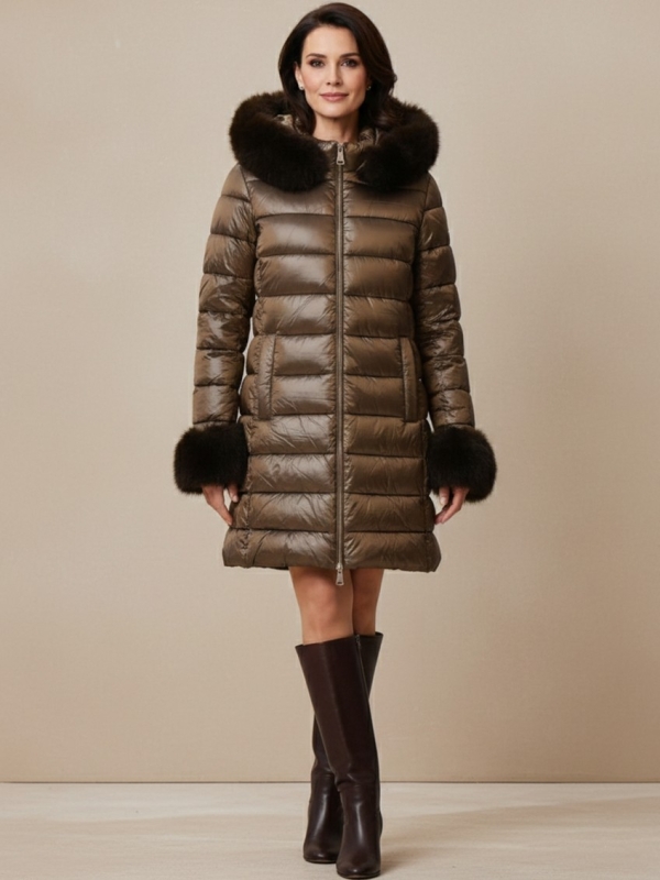 Abrigo acolchado largo con detalles de pelo peluche cafe