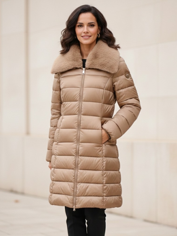 Abrigo acolchado largo premium con cuello textura CAMEL