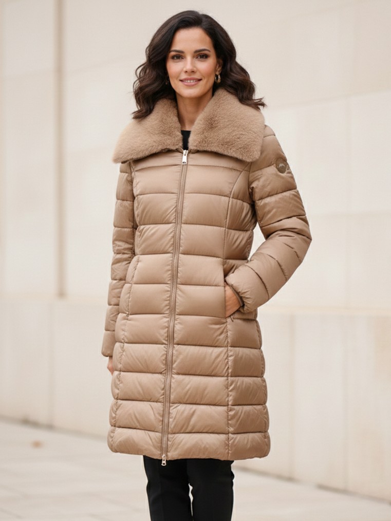 Abrigo acolchado largo premium con cuello textura CAMEL