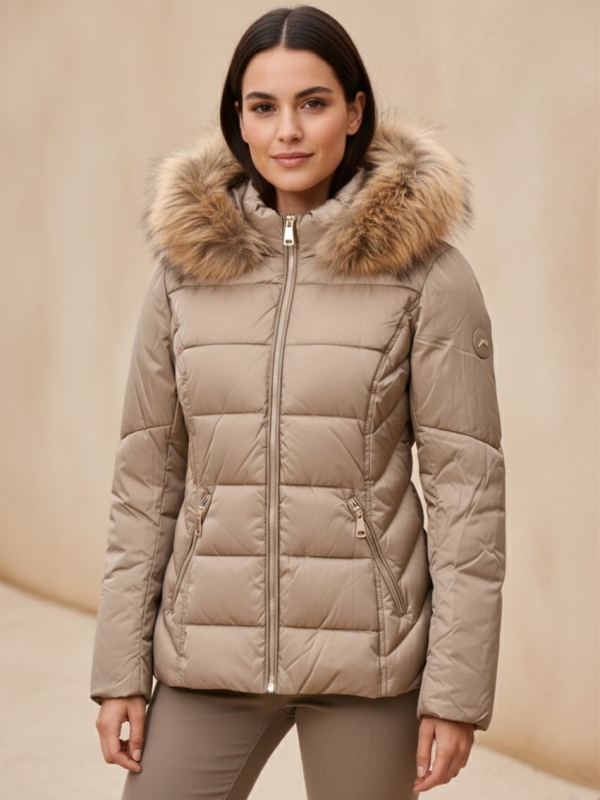 Chaqueta acolchada con capucha pelo natural khaki