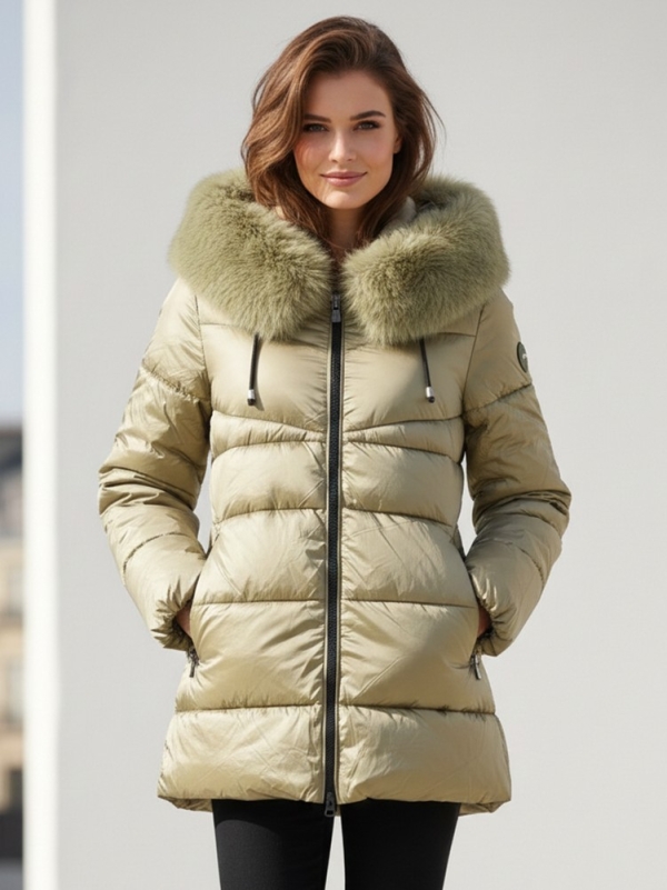 Parka acolchada con capucha pelo peluche oliva