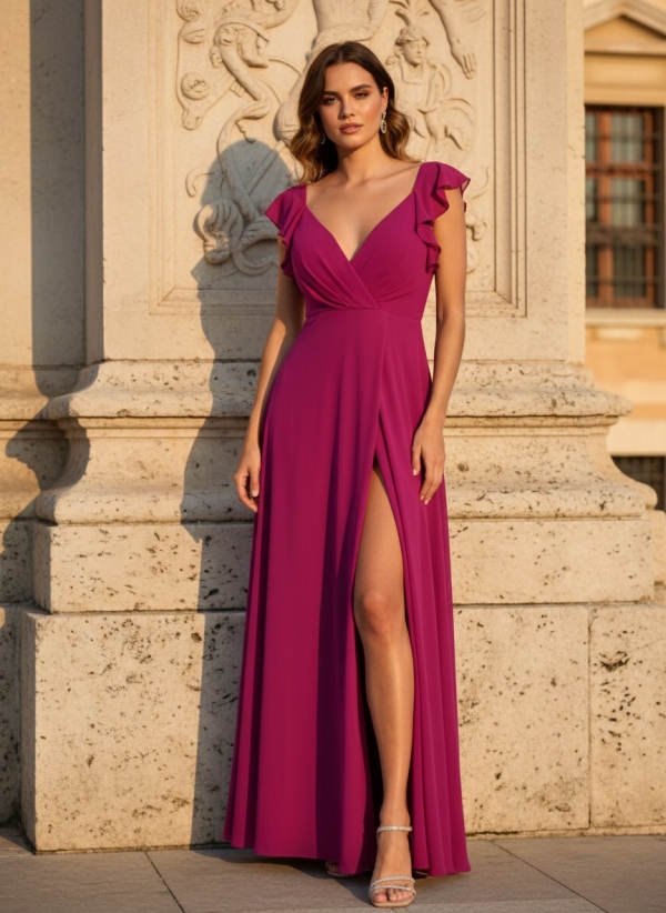 Vestido de Fiesta Largo con Abertura y Volantes Sol - Tallaje Grande