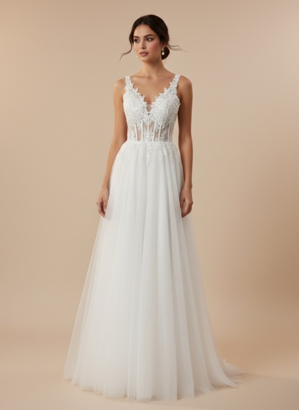 Vestido fiesta largo corset con tul VERÓNICA BLANCO