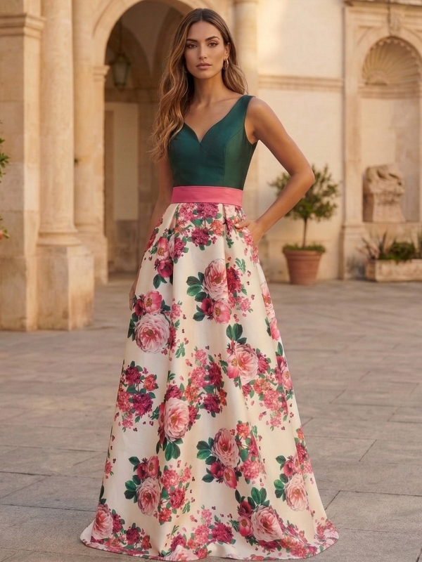 Vestido de fiesta largo Mikado Estampado Floral CHLOE VERDE