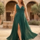 Vestido de fiesta largo con corte Aelia verde botella - Tallas Grandes