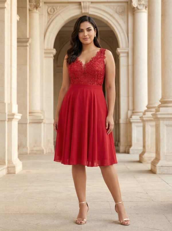Vestido fiesta corto encaje cuello V - Tallas Grandes rojo