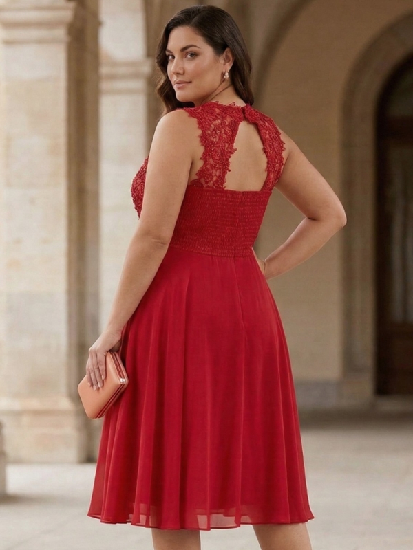 Vestido fiesta corto encaje cuello V - Tallas Grandes rojo espalda