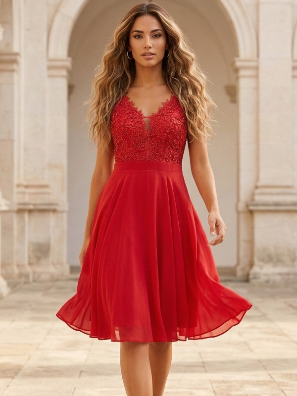 Vestido de fiesta corto con encaje cuello V