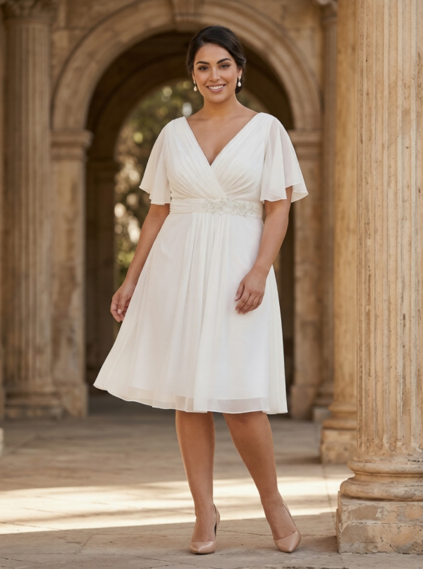 Vestido fiesta corto mangas volantes con pedrerías - Tallas Grandes blanco