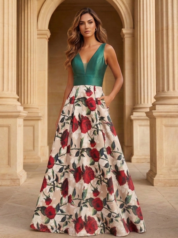 Vestido largo de fiesta Mikado estampado rosas