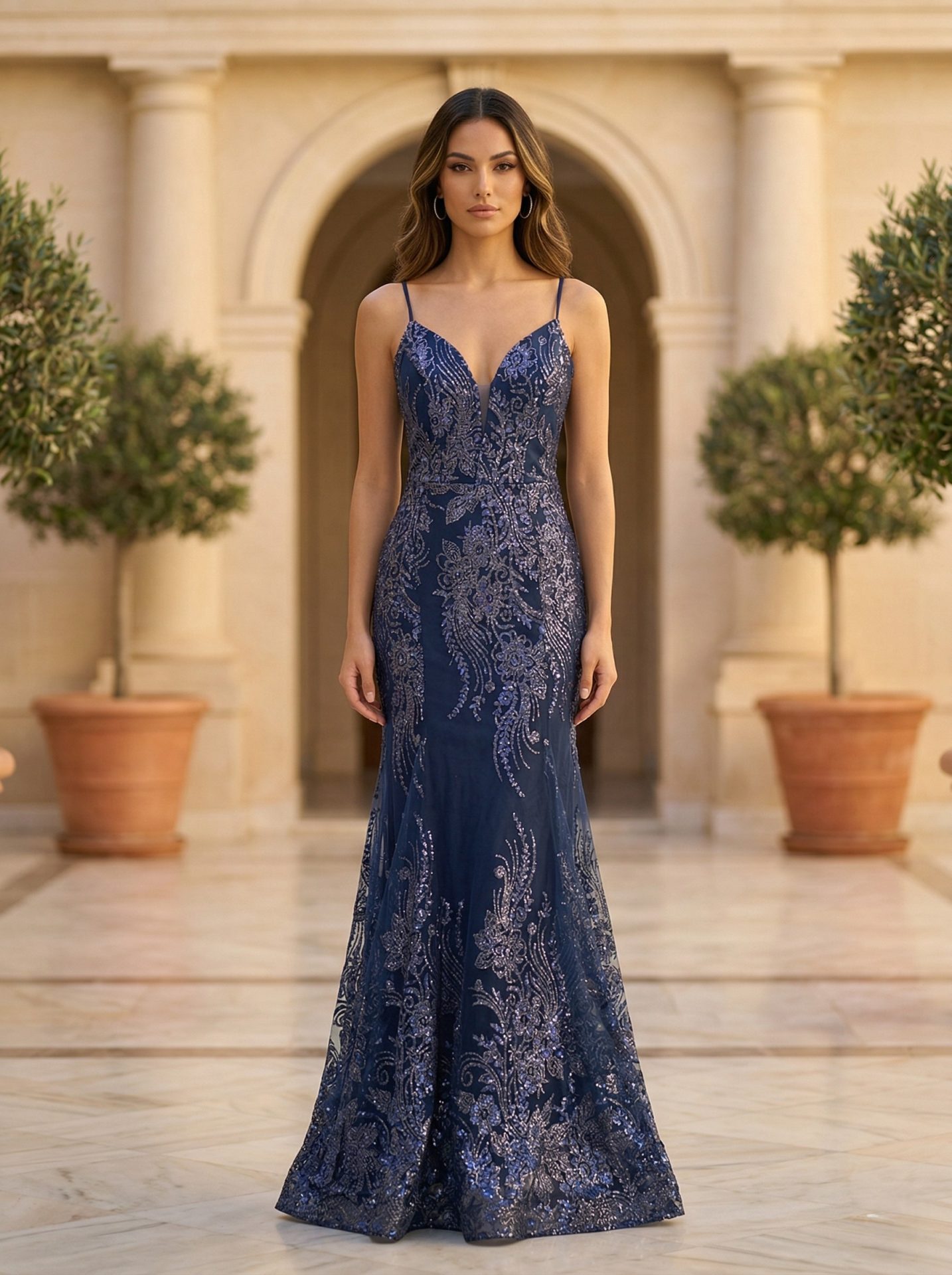 Vestido Fiesta Largo corte sirena con brillos Sofy MARINO