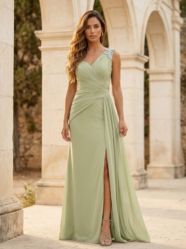 Vestido fiesta largo asimétrico con strass verde pistacho