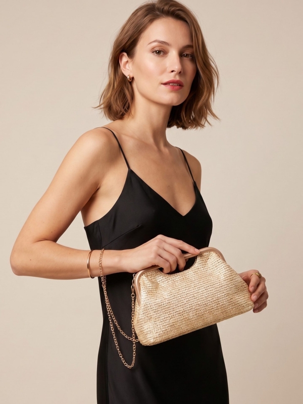 Clutch de rafia metalizada dorado