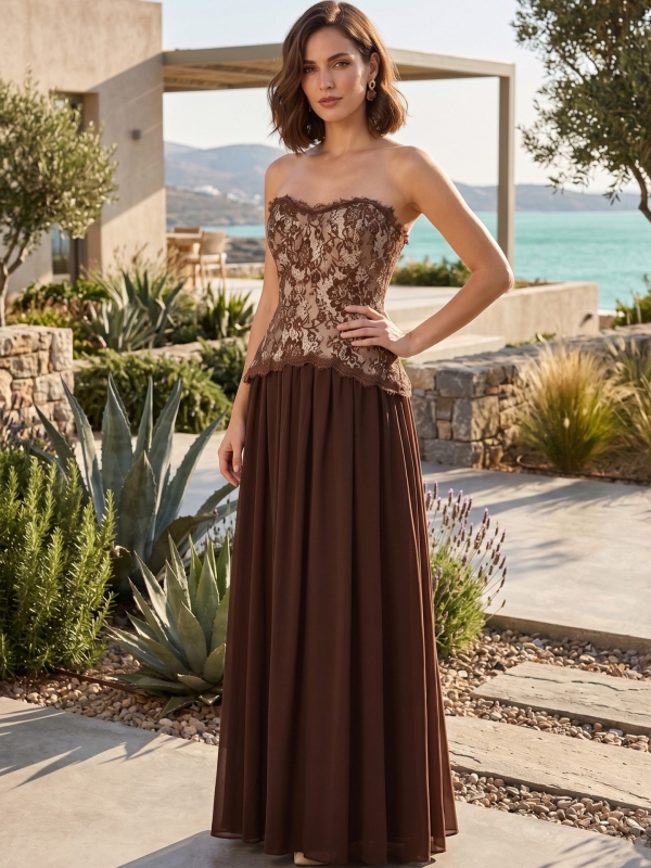 Conjunto de corset encaje con falda marrón