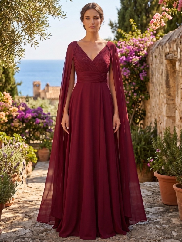 Vestido de fiesta largo con capa rojo vino