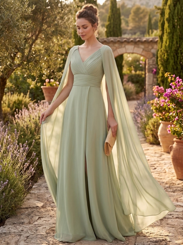 Vestido de fiesta largo con capa verde pistacho