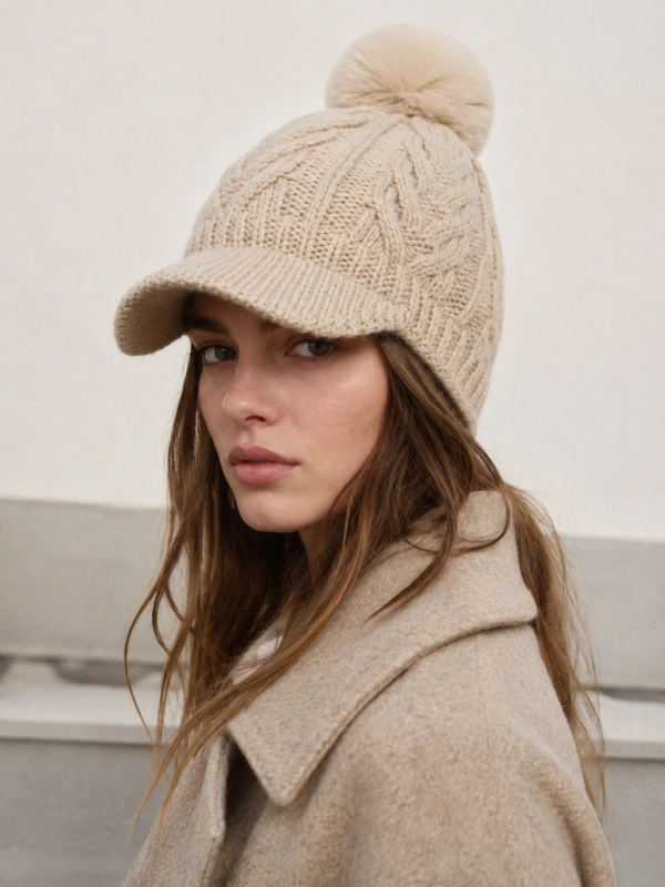 Gorro de lana con Visera y Pompón BEIGE