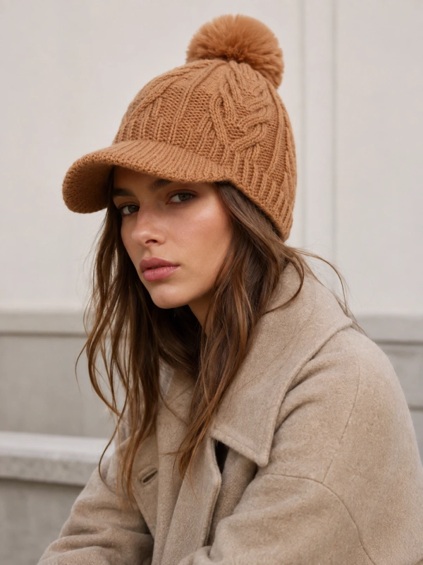 Gorro de lana con Visera y Pompón BEIGE