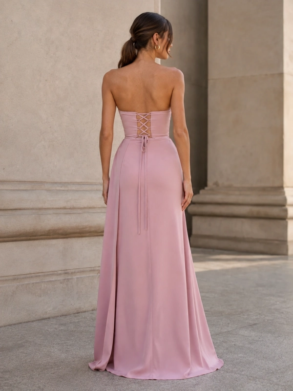 Vestido Fiesta Largo palabra de honor satinado Romance ROSA PALO