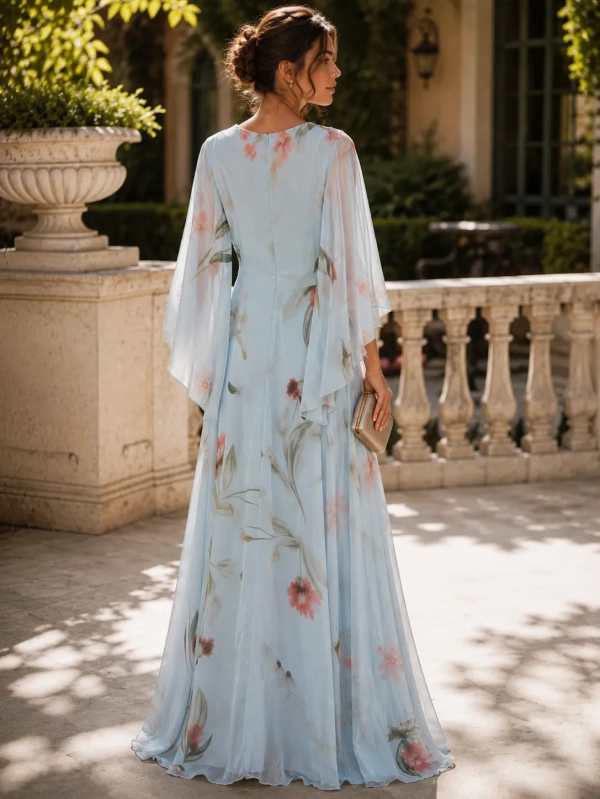 Vestido Fiesta largo estampado Ana Belén azul cielo