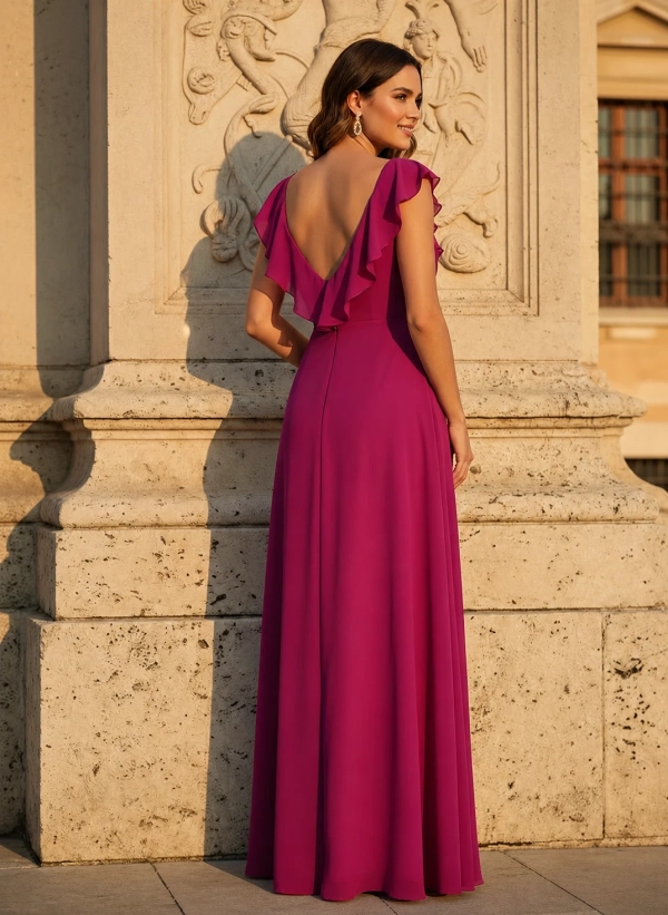 Vestido de Fiesta Largo con Abertura y Volantes Sol espalda