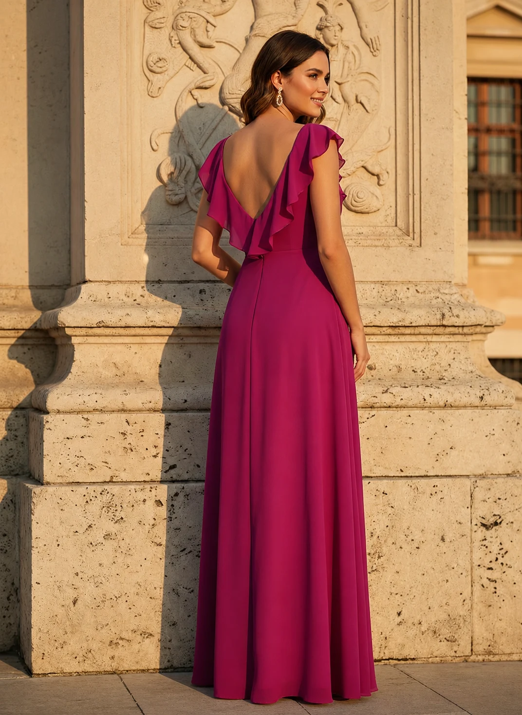 Vestido de Fiesta Largo con Abertura y Volantes Sol espalda