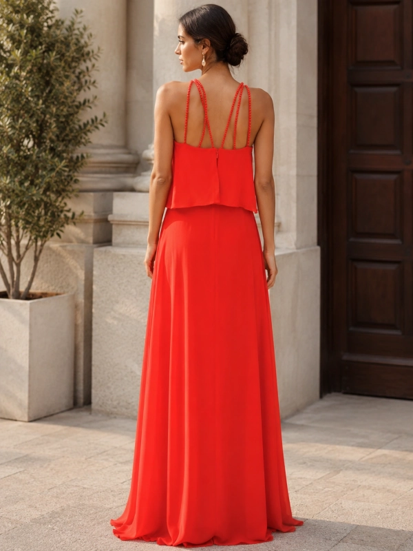 Vestido de fiesta largo dama de honor cuello halter rojo espalda