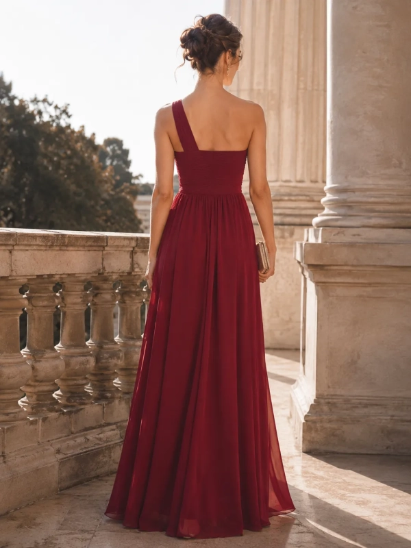 Vestido de fiesta largo de un hombro plisado dama de honor ESPALDA