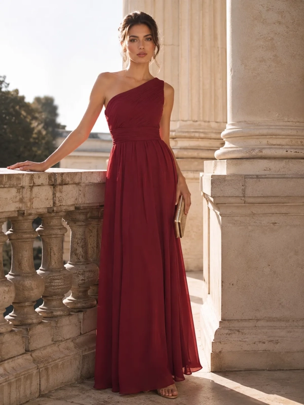 Vestido de fiesta largo de un hombro plisado dama de honor
