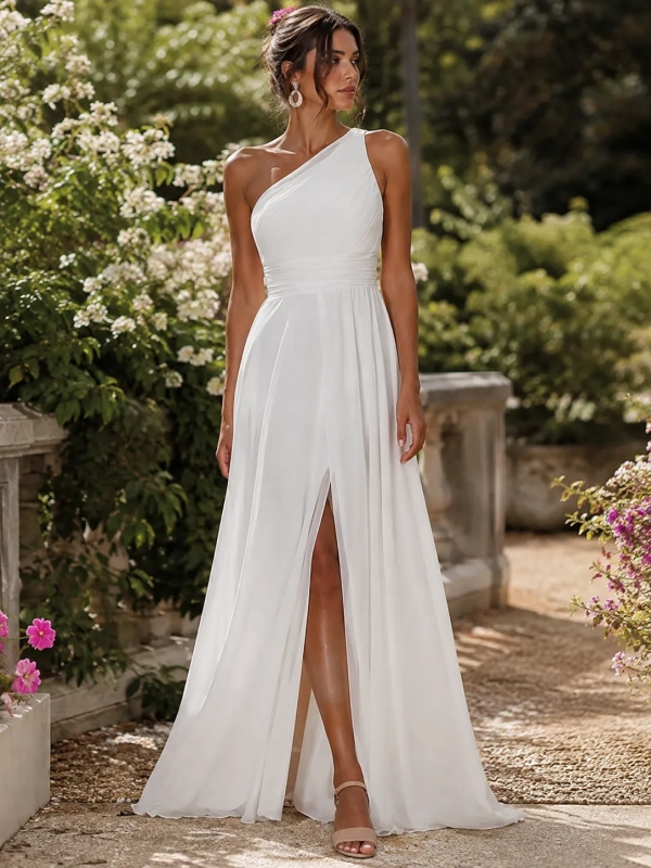 Vestido de novia asimétrico de un hombro plisado con raja