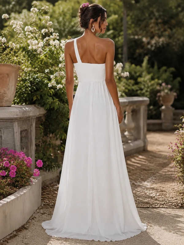 Vestido de novia asimétrico de un hombro plisado con raja ESPALDA
