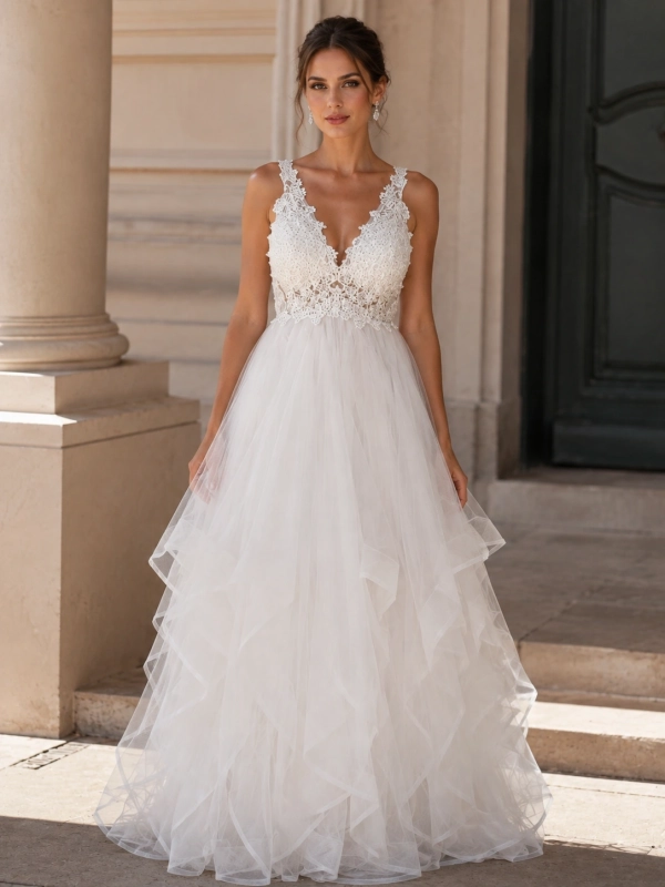 Vestido de novia cuello V volantes Tul irregulares