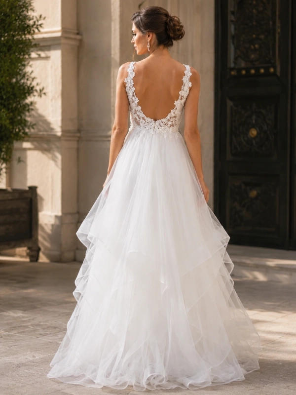 Vestido de novia cuello V volantes Tul irregulares ESPALDA