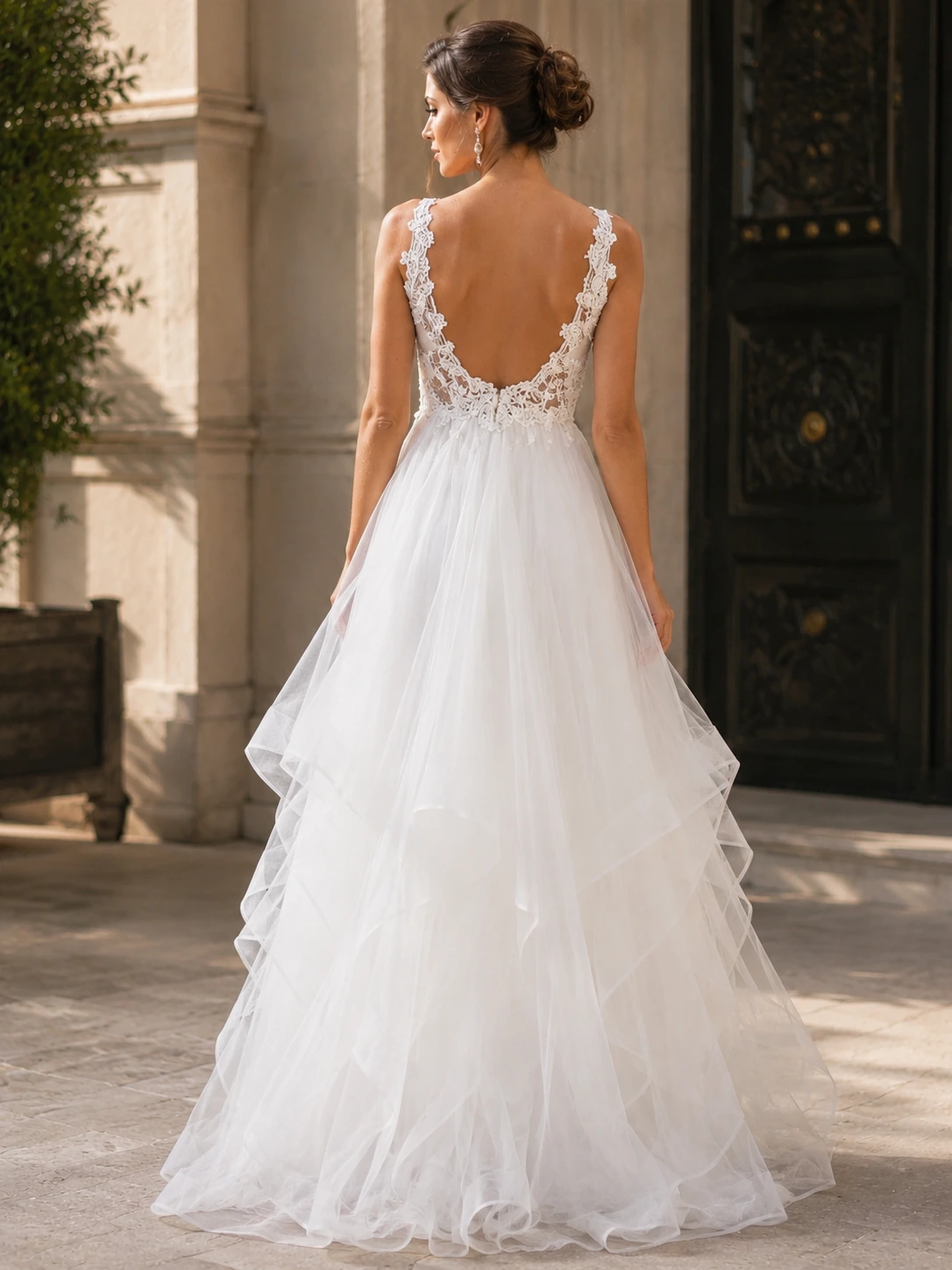 Vestido de novia cuello V volantes Tul irregulares ESPALDA
